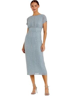 Mac Duggal Beaded Cap Sleeve Midi Dress Slate Blue Sz 8 NWT Formal Wedding Guest